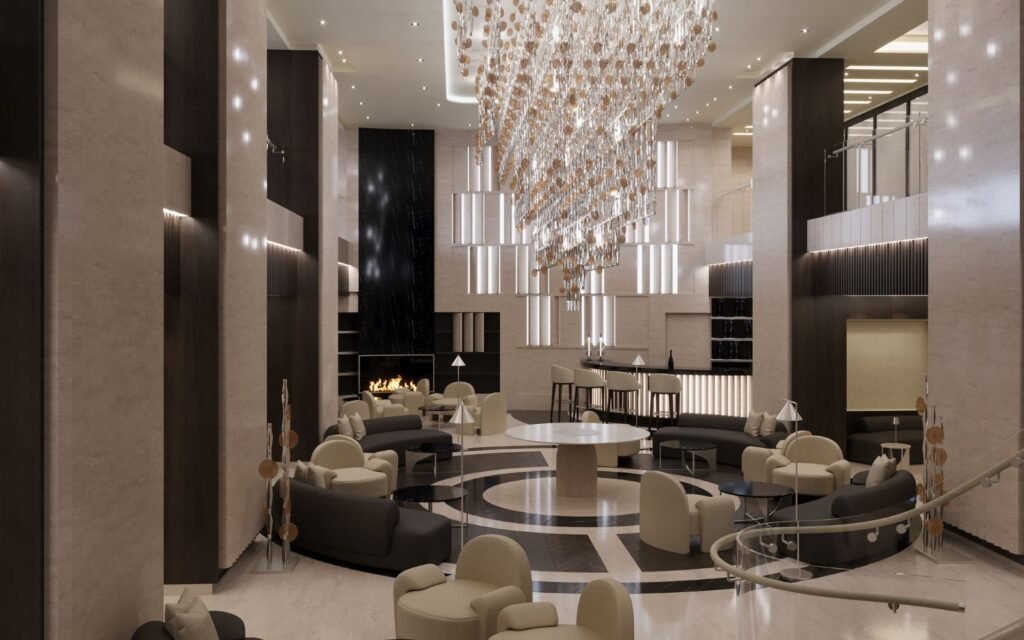 Rendering der Lobby mit großer Lichtinstallation und hellen Loungemöbeln auf der EXPLORA III